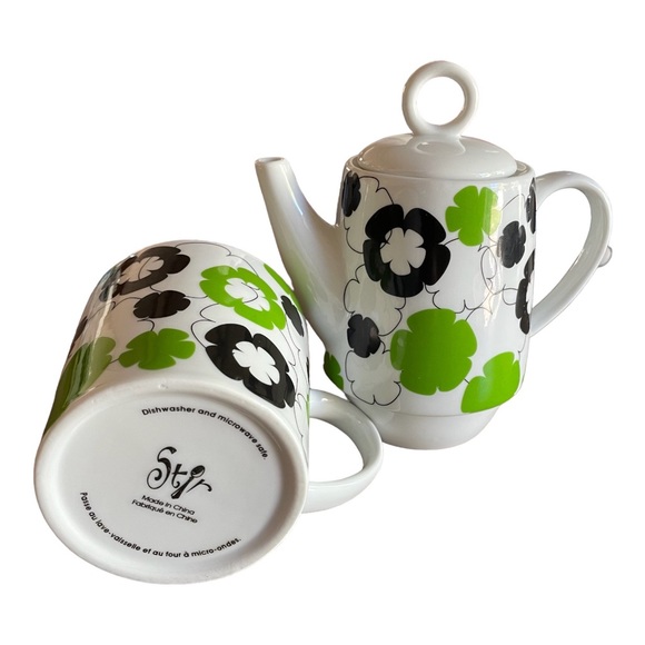 Stackable Teapot And Cup Set Bold Modern Flower Power Stir Gift Navy Blue Green - Picture 9 of 13